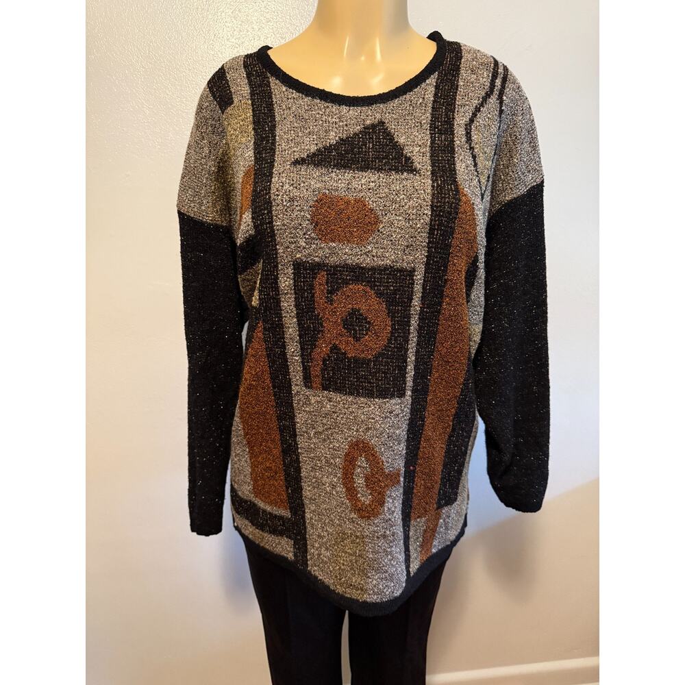 The Avenue Womens Pullover Sweater Geometric Designs Sz 2X Brown Hues Sparkly